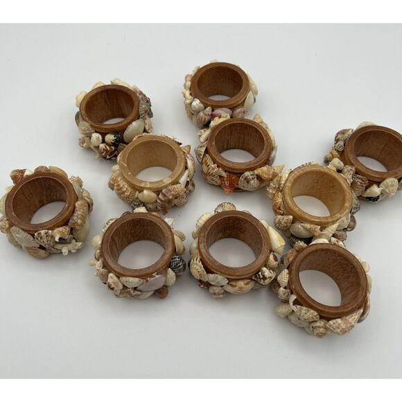 Set 8 Vtg Mixed Sea Shell Wood Napkin Rings Beach Ocean Nautical Boho - Picture 5 of 12